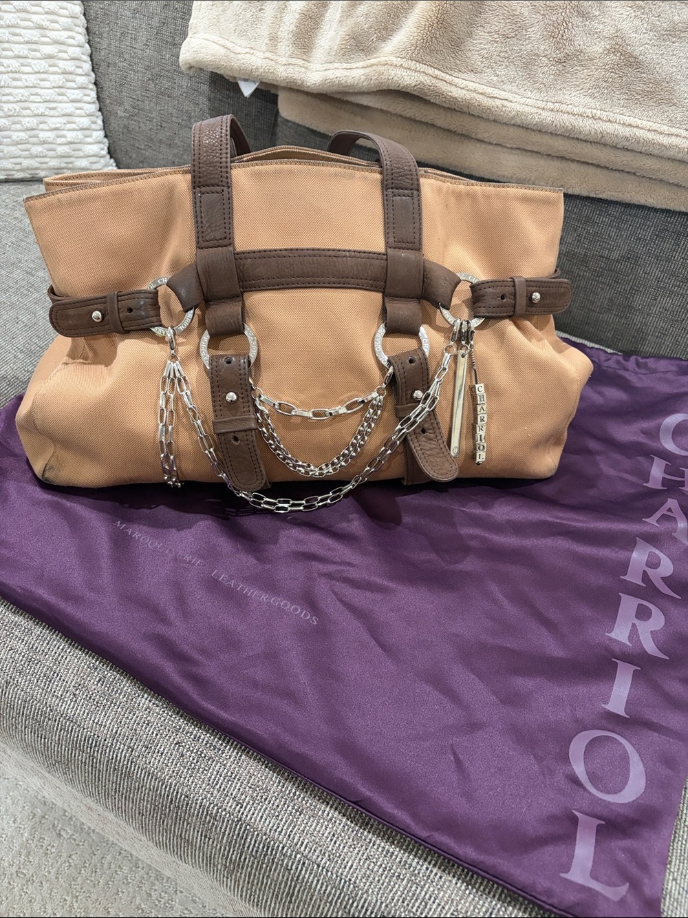 Charriol Tan and Brown Canvas with Chain-Accent Tote Bag